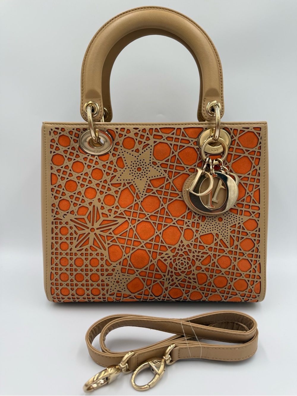 Lady Dior LE Beige and Orange Laser-Cut  Medium Tote.